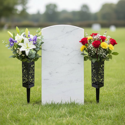 Cemetery Grave Flower Vase with Stake, Black Hollow-Cut Memorial Flower Holder for Cemetery, Outdoor Garden Accents for Fresh & Artificial Flowers