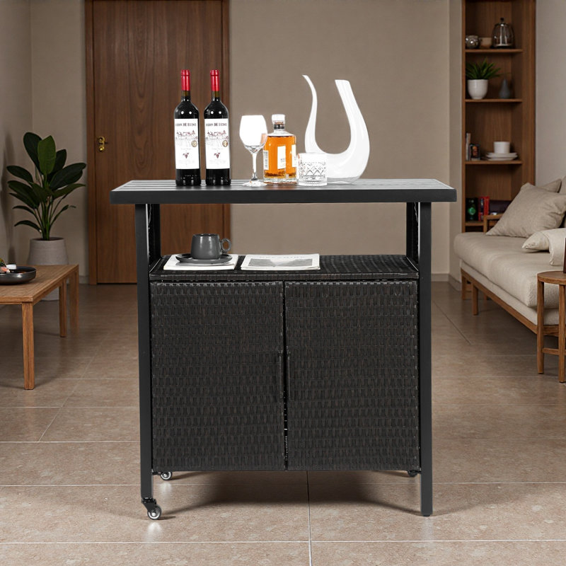 Outdoor Wicker Bar Cart, Patio Wine Serving Cart W/Wheels , Rolling Rattan Beverage Bar Counter Table W/Glass Top For Porch Backyard Garden Poolside Party