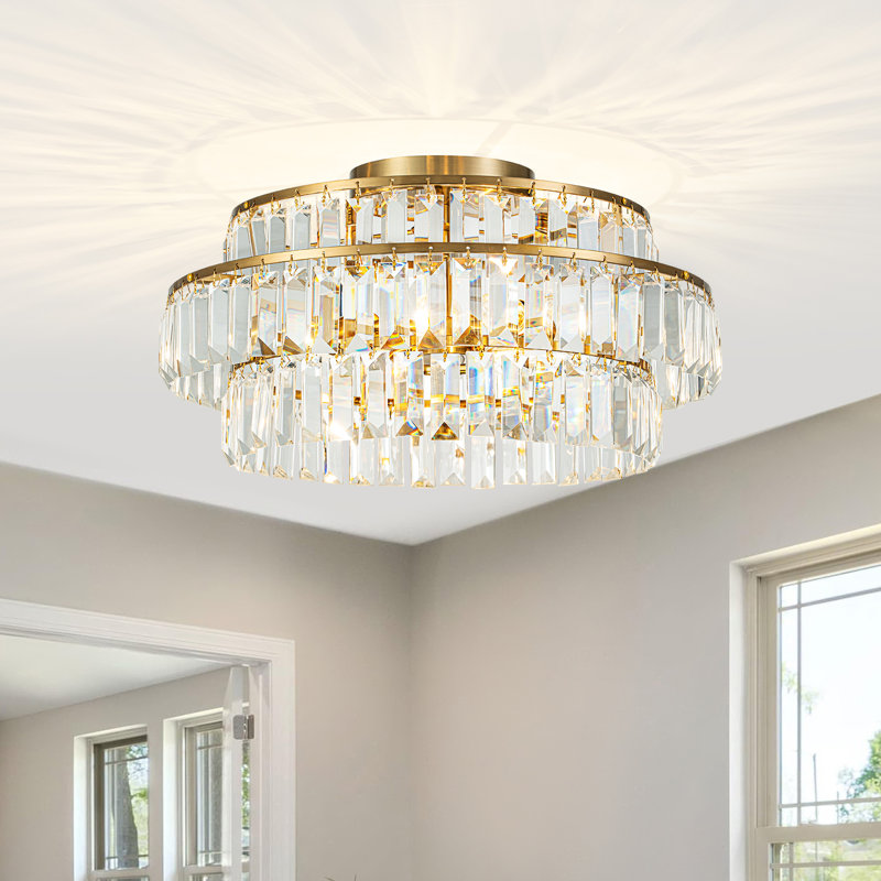 Plafonnier semi-encastré en cristal 3 lumières, Doré