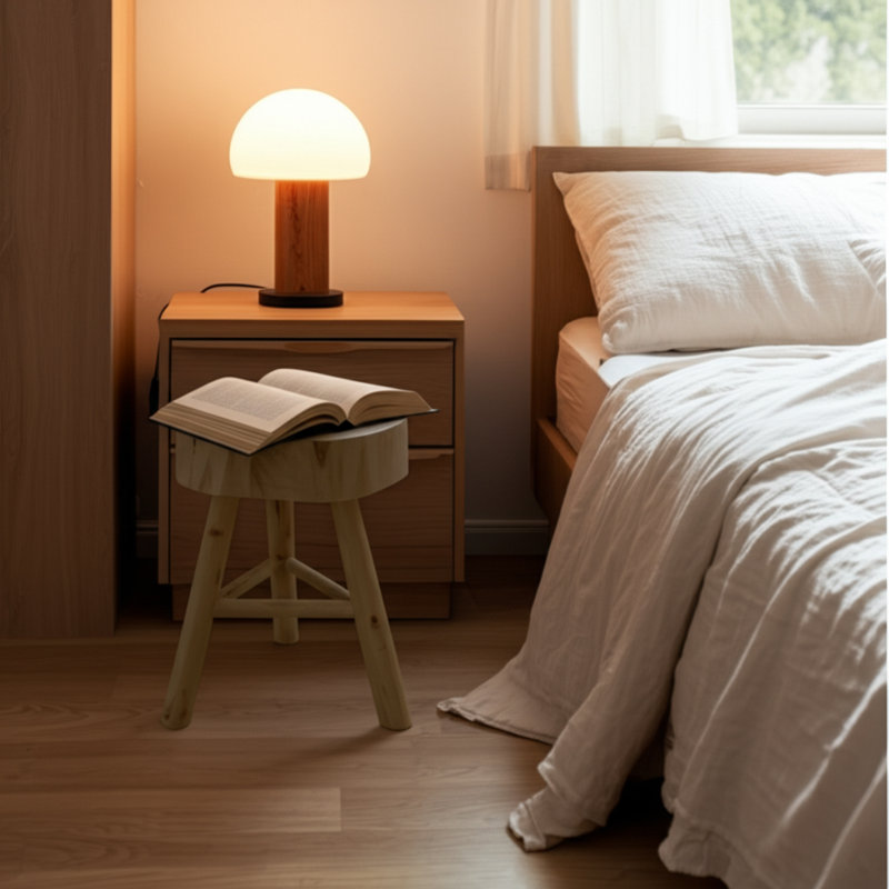 16"H Wooden Stool with Live-Edge Round Top and Triangle Footrest Base, Natural Finish, Ivory/Beige