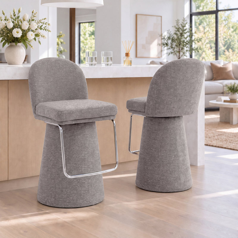 Tabourets de bar pivotants rembourrés gris moderne avec structure en bois massif et repose-pieds, Gris