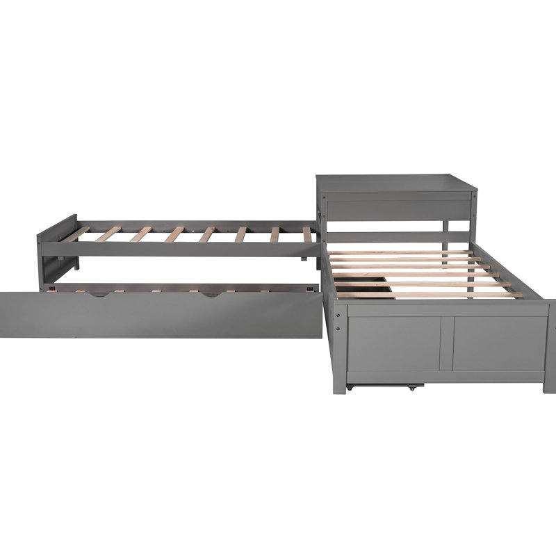 Lit plateforme en L avec tiroirs, simple, gris - bureau intégré pour lit de commodité de chambre à coucher, lit gigogne équipé, et