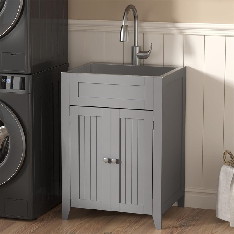 24-Inch Laundry Sink With Cabinet And Pull-Out Sprayer Faucet, Gray