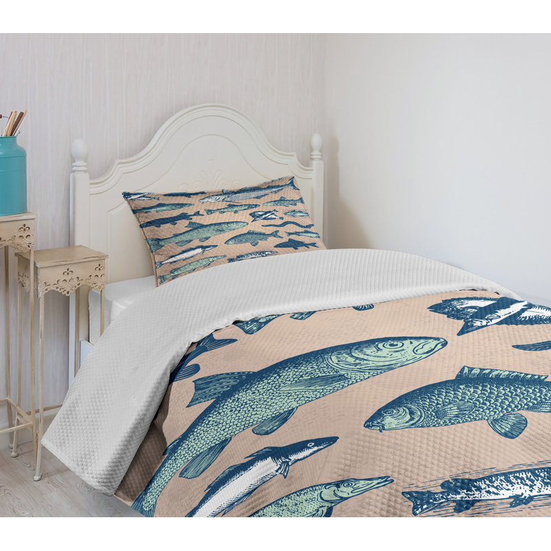 Twin White and Blue Fish Quilted Bedspread Set