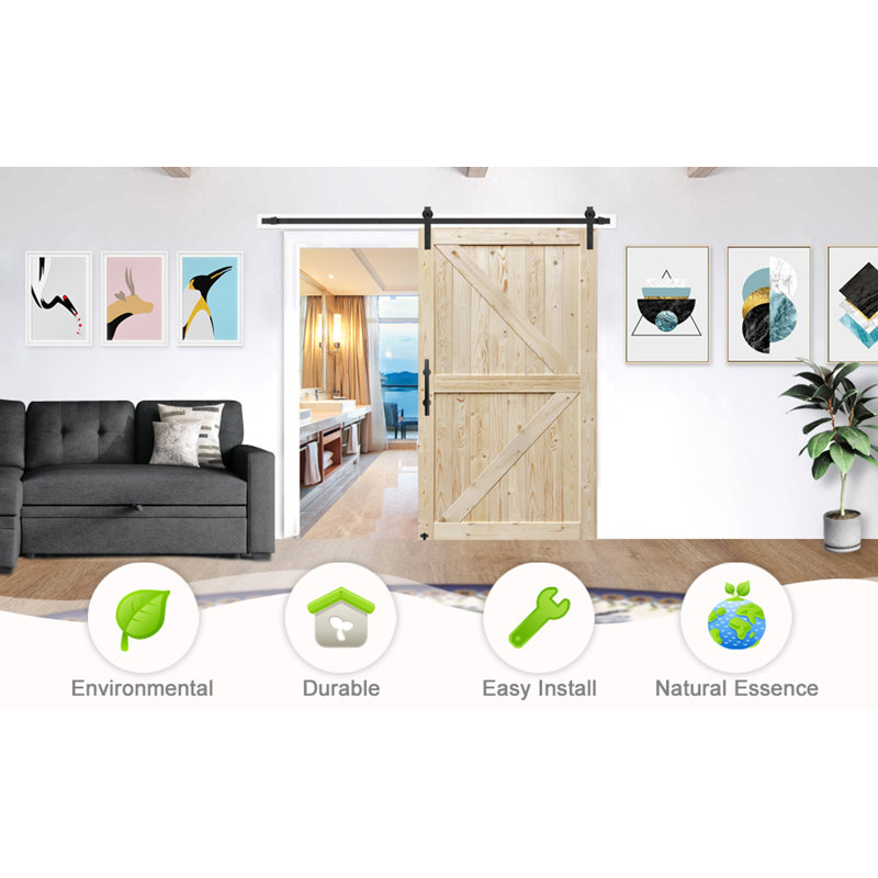 Unfinished Spruce British Brace Sliding Barn Door with Hardware Kit