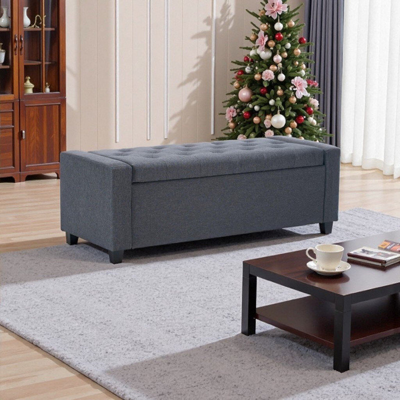 48" Faux Linen Upholstered Storage Ottoman Bench With Arms, Gray
