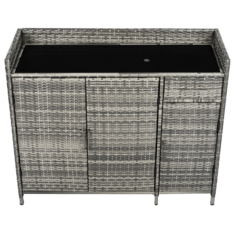 Rattan Bar Table with 3 Doors & Adjustable Shelf, Gray