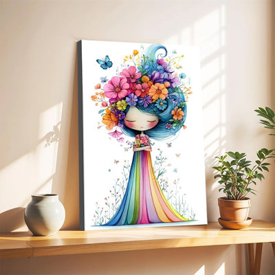 Whimsical Rainbow Dress Girl With Floral Blue Hair And Butterflies Large Gallery Wrapped Canvas Wall Art Print For Living Room Bedroom