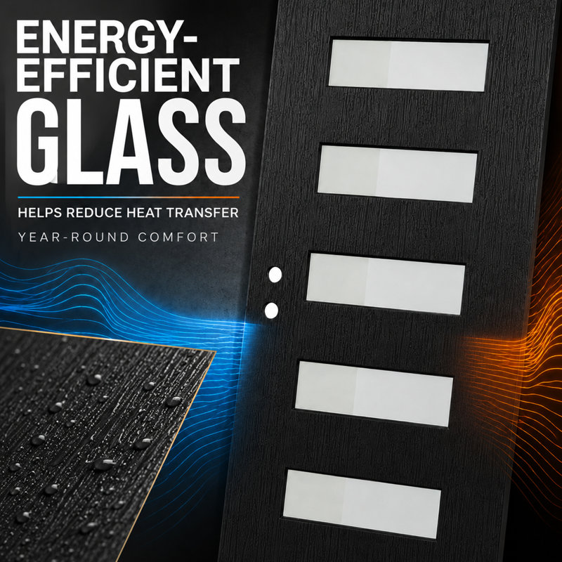 Porte d'entrée en fibre de verre noire 91,4 cm x 203,2 cm, texture grain de bois brossé, 5 carreaux en verre dépoli à faible émissivité, ouverture vers l'intérieur à gauche, panneau de porte seulement