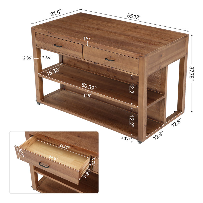 55" Rolling Craft Table with Storages & Drawers, Solid Wood Sewing Table, Brown