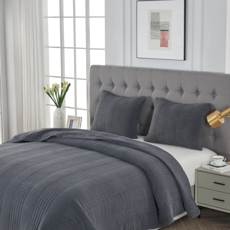 Kosovo Grimshaw 100% Cotton Quilt Set, Queen Quilt + 2 Standard Shams, Charcoal