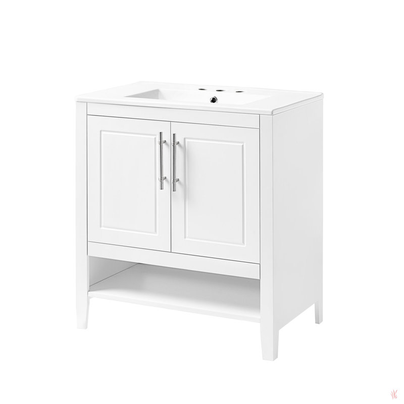 Meuble-lavabo 30 po avec lavabo, armoire de salle de bain multifonctionnelle avec portes et tiroirs, structure solide et panneau en bois aggloméré, blanc