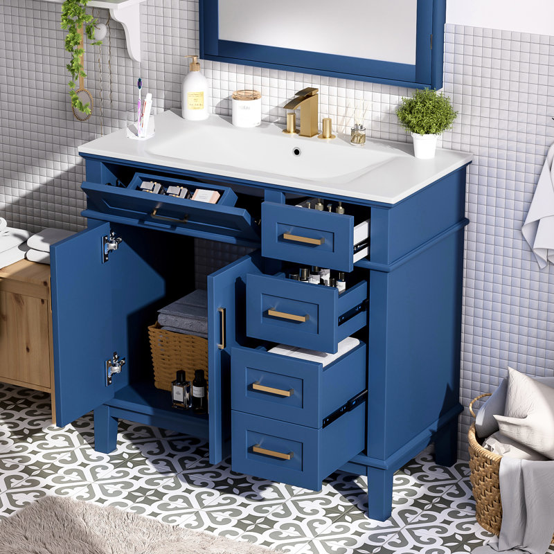 36 36 po Armoire de salle de bain moderne bleue avec lavabo en céramique, fonction de fermeture en douceur réglable, quatre tiroirs pour divers articles, structure et panneaux en bois massif