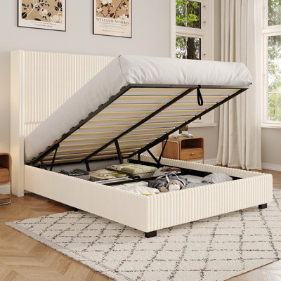 51" Tall Headboard Queen Size Lift Up Storage Bed Frame With Hydraulic Storage, Upholstered Corduroy Platform Bed With Wingback Headboard, Built-in Charging Station With 2 Usb Ports, No Box Spring Needed, Beige