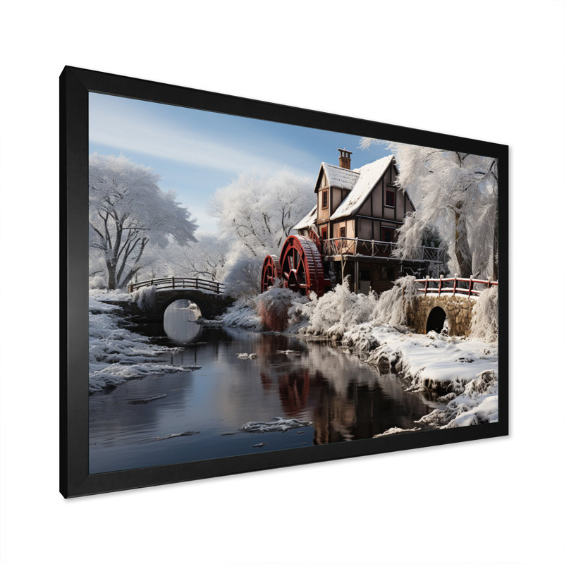 «White Blue Mill In Winter», reproduction sur toile, Cadre simple noir, H 16 po x l 32 po x P 1 po