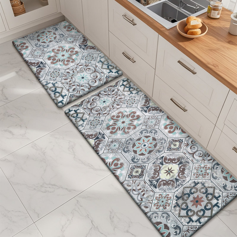 Alishia Anti-Fatigue Non-Skid Memory Foam Waterproof Kitchen Mat (Set of 2), Runner 18" x 30" + 18" x 48", Brown/Gray
