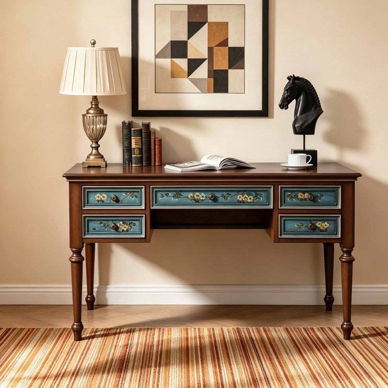 Bureau de style européen peint rétro, Blue/Brown, 29.53" H x 55.12" W x 23.62" D