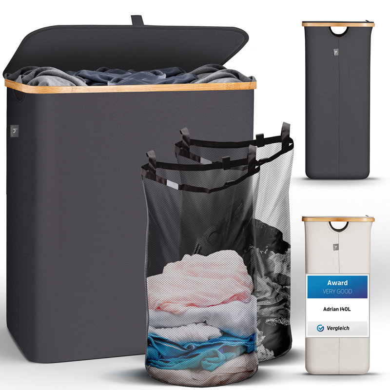 Laundry Hamper with Handles, Black Grey, 67cm H x 57cm W x 38cm D