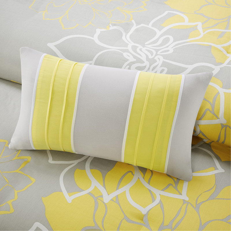 Ensemble de courtepointe en coton imprimé 6 pièces avec coussins décoratifs gris taupe / jaune double / grand, Jaune