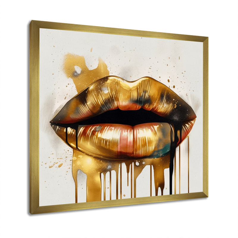 «Gold Lips Of Luxury I», art mural sur toile tendance, H 16 po x l 16 po x P 1 po, Encadrement doré