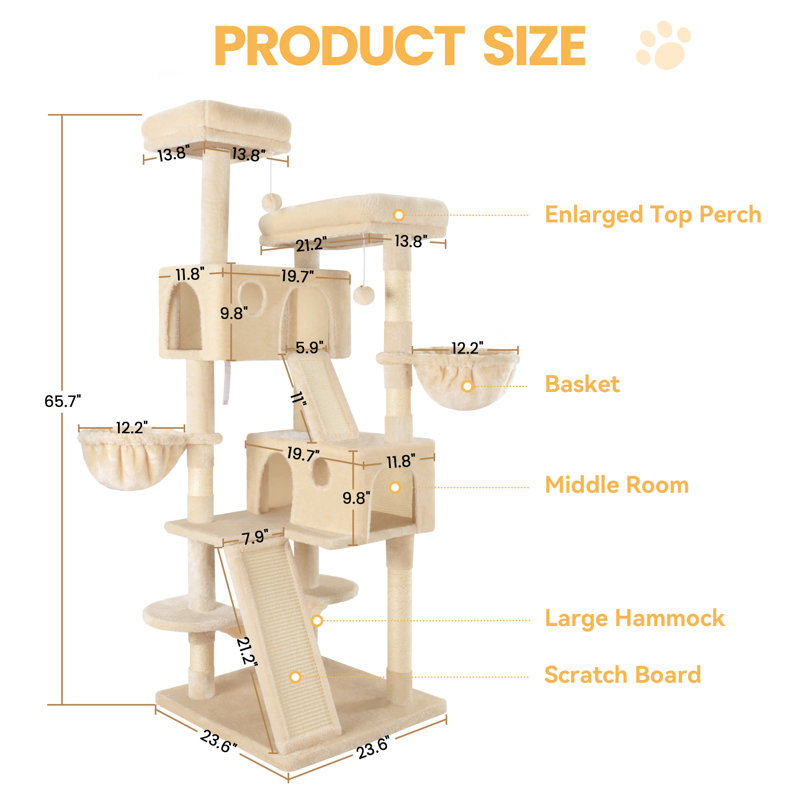 Arbre à chat avec poteaux à griffes et poteaux à griffes 65,7 po H inclus avec plateformes et hamac, Beige