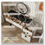 Coiffeuse moderne avec plateau en verre trempé, pieds à hauteur réglable, armoire de rangement multifonctionnelle et miroir rond