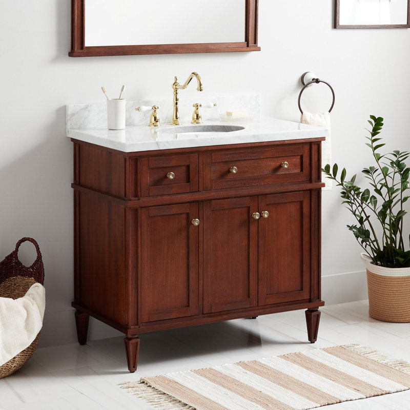 Elmdale 36" Freestanding Mahogany Single Basin Vanity  Oval Undermount Sink - 8" Faucet Holes, Carrara Marble, Charcoal Black