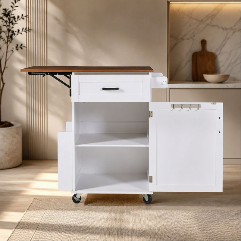 Îlot de cuisine K&K de style ferme de 100 cm avec abattant, îlot de rangement avec tablette latérale ouverte, tiroir, porte-serviettes, chariot de cuisine roulant avec roues verrouillables pour pelouse et jardin.