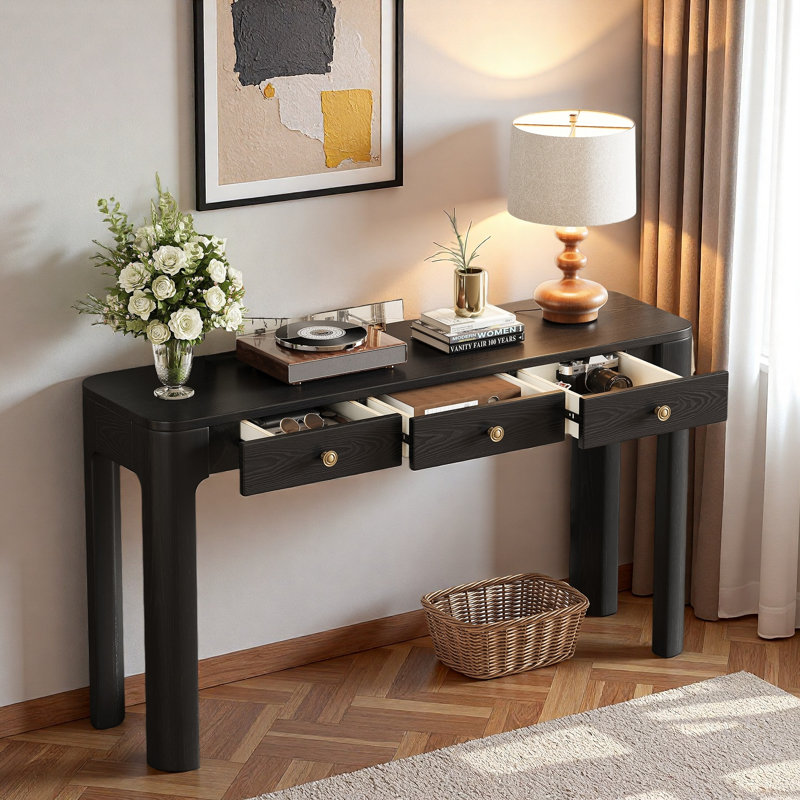 Console avec coins arrondis, 3 tiroirs et pieds épais, Noir