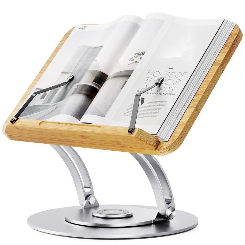 Bamboo 360 Rotating Book Stand For Reading, Adjustable Textbook Holder For Reading, Foldable Desktop Cookbook Stand With Protective Page Clips, Fits All Books - Silver