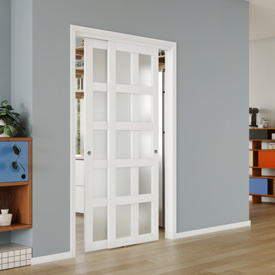Sliding Door–5 Lite Frosted Glass Panel Design White MDF With Built-In Handles & Smooth Sliding Hardware