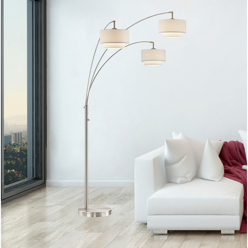 Lampe sur pied arquée 80 lumières DEL avec double abat-jour Lumiere III, Nickel satiné, Blanc cassé