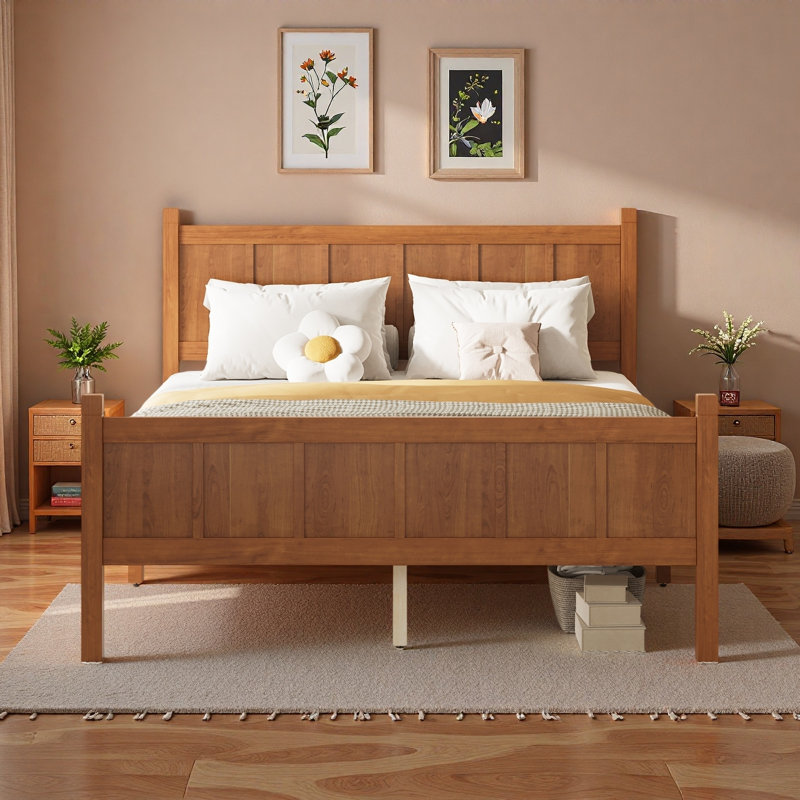 Lit plateforme moderne avec tête de lit et pieds robustes, Noyer clair, Lit double
