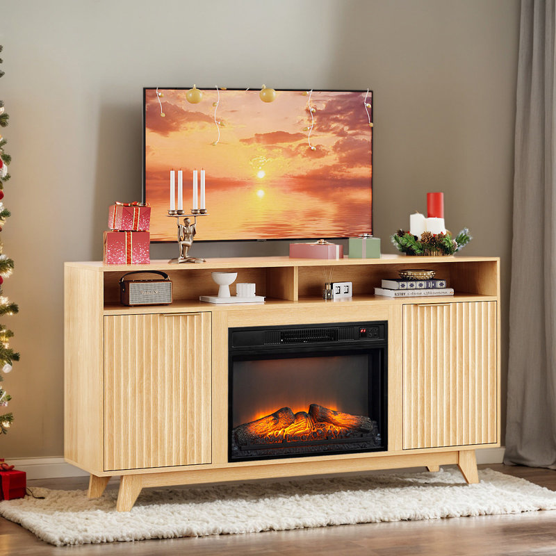 Farmhouse 58'' TV Stand For Tvs Up To 70'' With Electric Fireplace And Adjustable Shelves, Oak