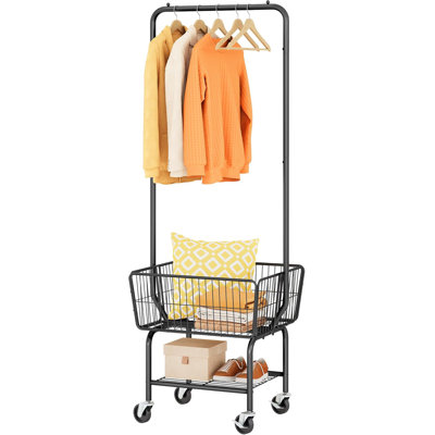 Chariot à linge avec support suspendu, panier à linge en métal avec roues, panier à linge avec panier de rangement et tablette