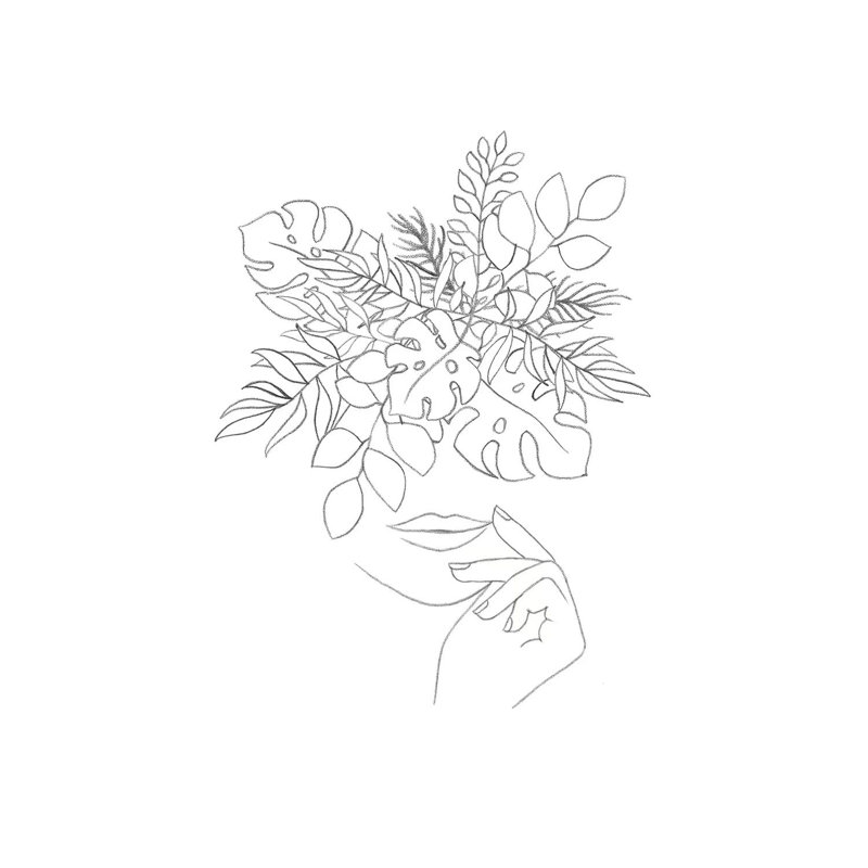 Line Art Woman and Plants - impression d'art graphique, H 48 po x l 32 po x P 1,5 po, Toile tendue, Aucun mat