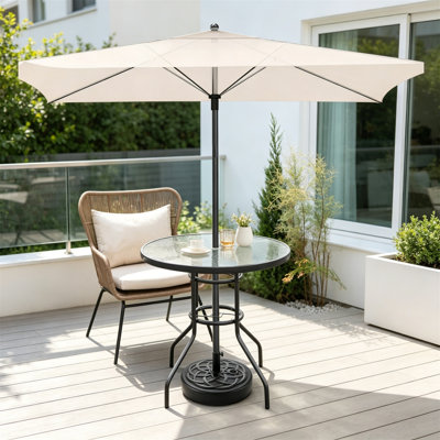 Table de patio ronde 32 po avec trou pour parasol, plateau en verre trempé, structure en acier