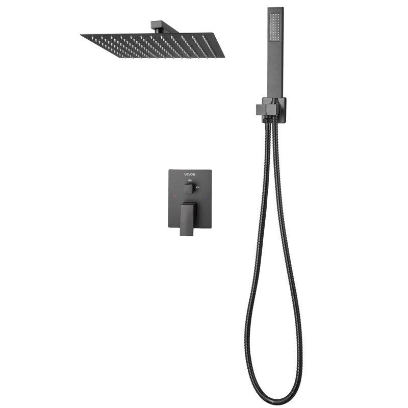 Ensemble de robinet de douche, système de douche de salle de bain Rainfall avec pomme de douche carrée de pluie de 12 pouces et douchette, robinets de baignoire muraux avec valve en laiton et ensemble de garniture, noir mat