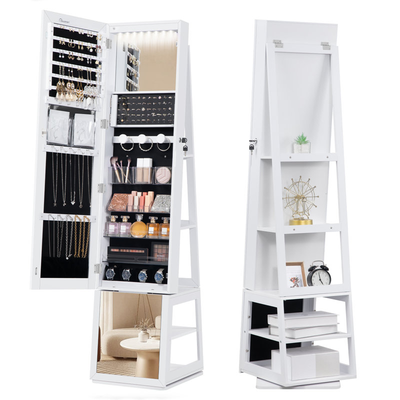 Mirror Jewellery Cabinet, Standing Jewellery Organiser with 360° Rotating Base, Full Length Lockable Mirror, Large 4-Tier Storage Compartments, 4-in-1 Multifunctional, White 
