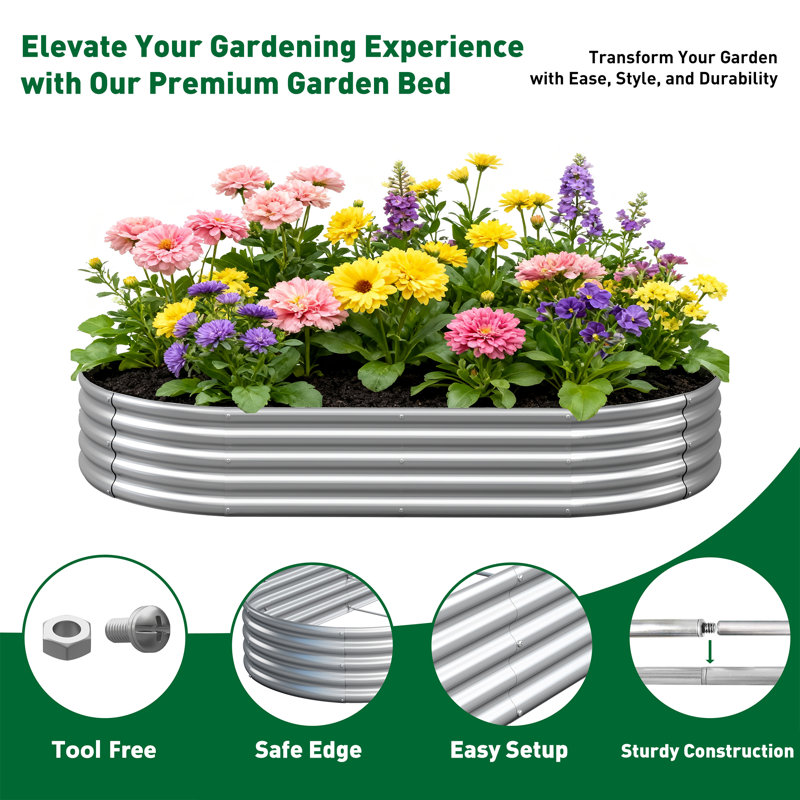 Metal Outdoor Raised Garden Bed, Oval Type, Galvanized Frosted Silver, 4x2x1ft, 12" H x 48" W x 24" D