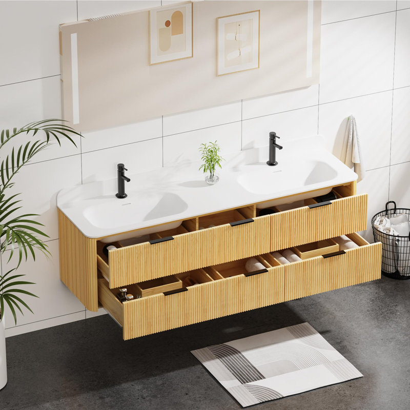 Meuble-lavabo mural avec lavabo et 6 tiroirs, Chêne doré, 72