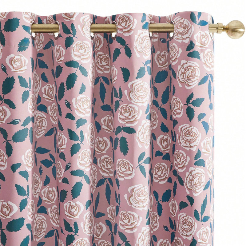 100% Blackout Noise Reducing Floral Pattern Linen Grommets Top Curtain Panels (Set of 2), 42" W x 63" L, Pink