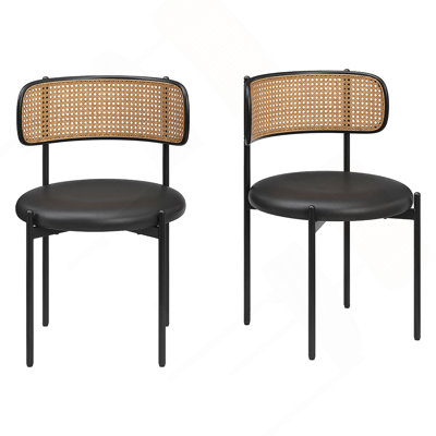 Dining Chairs Set Of 2 With PU Leather Seat And Woven Rattan Back, Sturdy Metal Legs For Modern Kitchen Or Living Room Use.