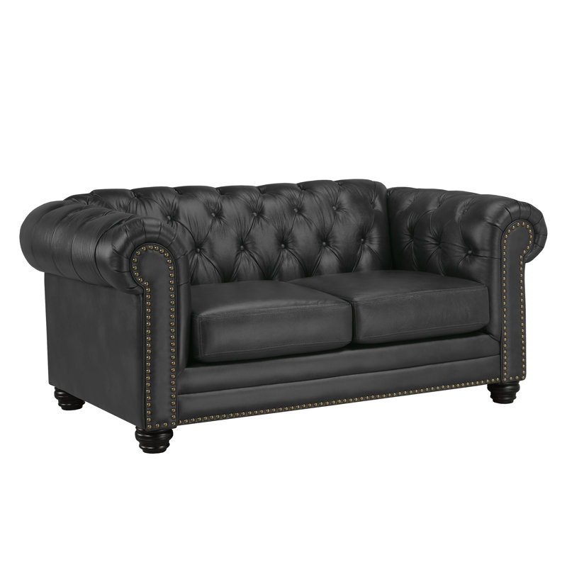Ornellas 70" Leather Rolled Arm Chesterfield Loveseat, Charcoal Leather Match