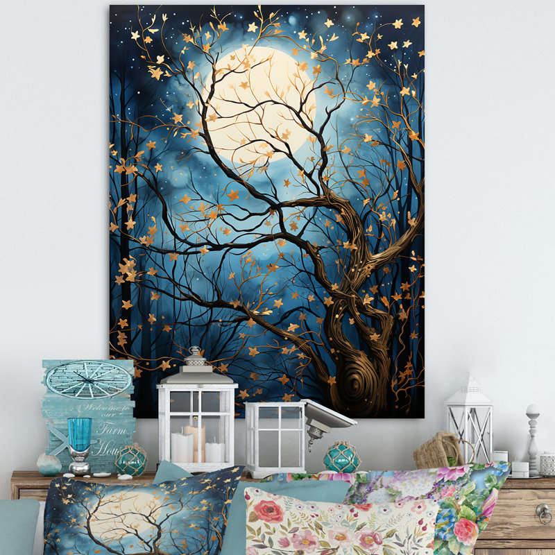 Arbre au clair de lune Silhouette I - paysage, impression d'art mural, H 32 po x l 16 po x P 1 po, Toile tendue