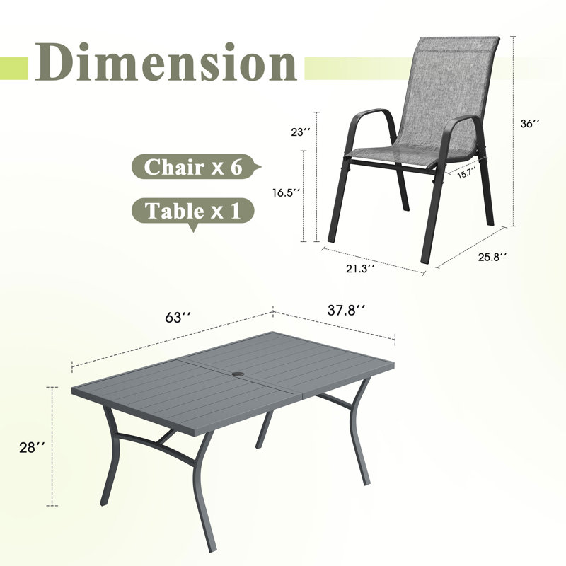 Ensemble repas d'extérieur rectangulaire pour 6 personnes avec chaises empilables Textilene, Gris