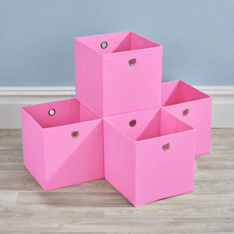 Pack of 4 Fabric Storage Cube Organiser Box, Pink