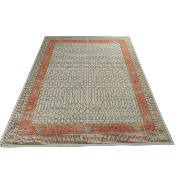 Distressed Homage Hand Knotted Wool Geometric Area Rug in Blue, Orange, Red, Beige, Brown, Rectangle 14' x 20'