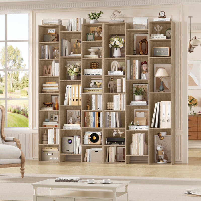 📖✨ 2-Pack 8-Tier Bookcase Set, 21-Cube Storage Bookshelves Unit With Adjustable & Removable Shelves, Oak