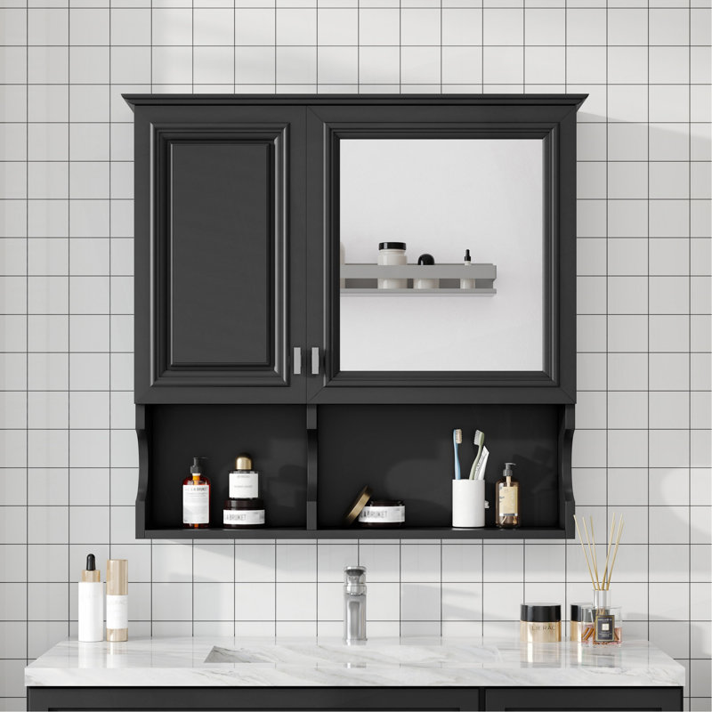 30 Inch Mirror Medicine Cabinet With Open Shelves, Wall Mounted Home Storage With Doors & Mirror, Adjustable Shelf, Bathroom Storage Cabinet Over Toilet